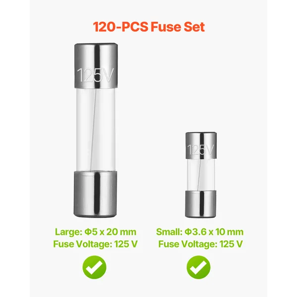 Fast-Blow Glass Fuses Assortment Kit, 120 Pcs 125 Volt, 5 x 20 mm 1A 2A 3A 4A 5A 8A 10A, 3.6 x 10 mm 2.5A 3A 5A Tube Fuses, Suitable for Electrical Boxes, LED Strips, Electronics, Appliances - Image 3