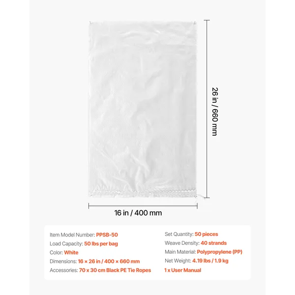 Heavy Duty Sand Bags, 50Pack 14 x 26, Empty Sandbags for Flooding with Tie Strings, Woven Polypropylene Sand Bag with 1600 Hours of UV Protection, 50Lbs Capacity - Image 3