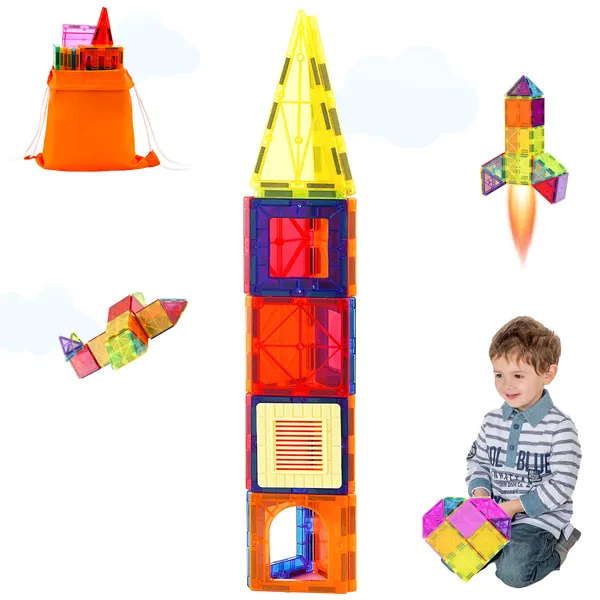 Magnetic Tiles, 55 PCS Magnetic Building Blocks for Kids, Magnet Building Set with Car Base & 16 Digital Cards, STEM Educational Construction Stacking Toys Gift for Toddlers Boys Girls Aged 4+ - Image 2