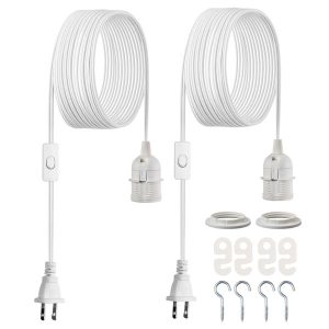 Plug in Hanging Light Cord Kit, 16ft Lantern Extension Cords, 2 Pack E26 Light Socket Lamp Cord Replacement, Secure & Sturdy, Easy to Install, Pendant Lamp Kit On/Off Switch & Socket Rings
