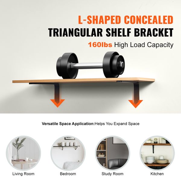 Shelf Bracket, Heavy Duty Floating Shelf Brackets 10 x 6 in, 4 Pcs Brackets for Shelves, 5mm Thick Matte Black L Shelf Bracket,Steel Shelving Brackets with 160 lbs Load Capacity - Image 3