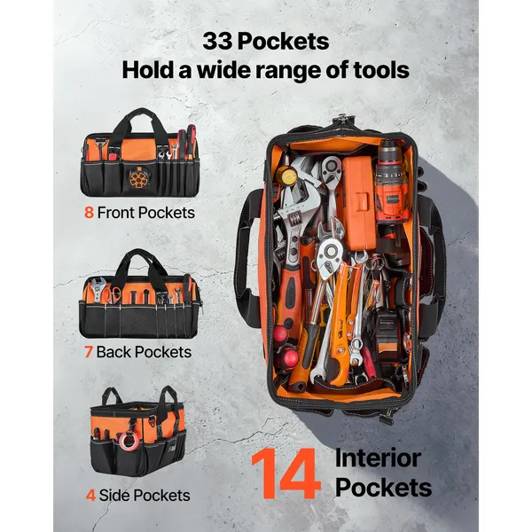 Tool Bag, 15.7 Inch, 33-Pocket Portable Tool Box Organizer Storage, Toolbox with Soft Handle, Large Zipper, Adjustable Shoulder Strap, Carrying Toolbag, for Men Women Dad Husband Fathers Day - Image 3